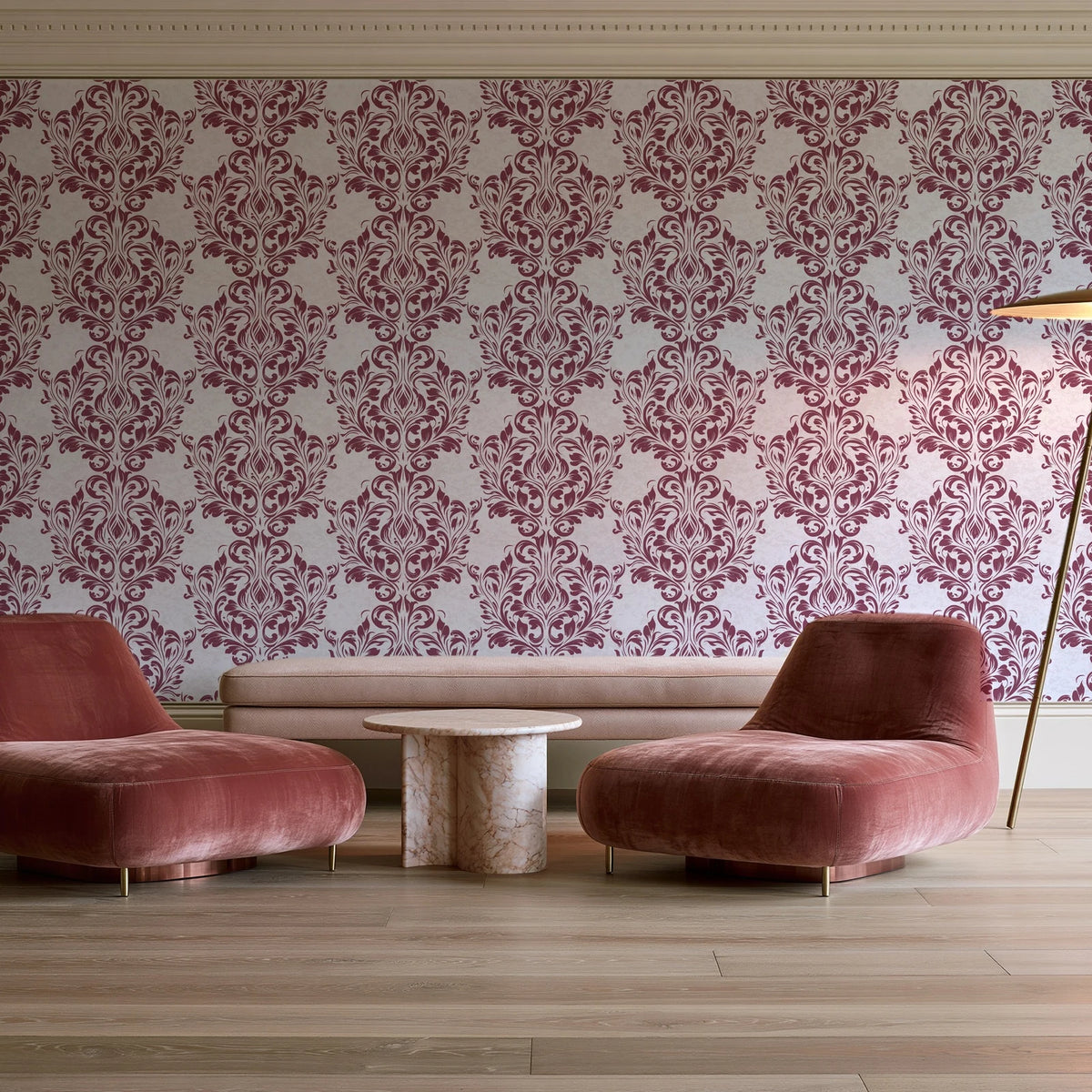 Petal Symphony Rosewood baroque damask wallpaper in a boutique hotel sitting area