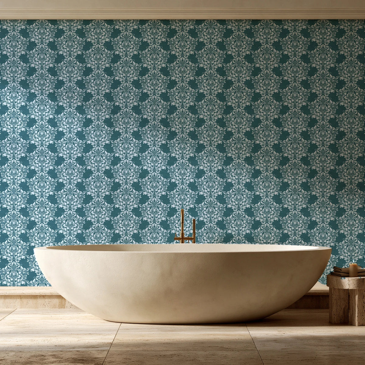 Petal Symphony Teal baroque damask wallpaper creating ambiance in a serene spa bathroom