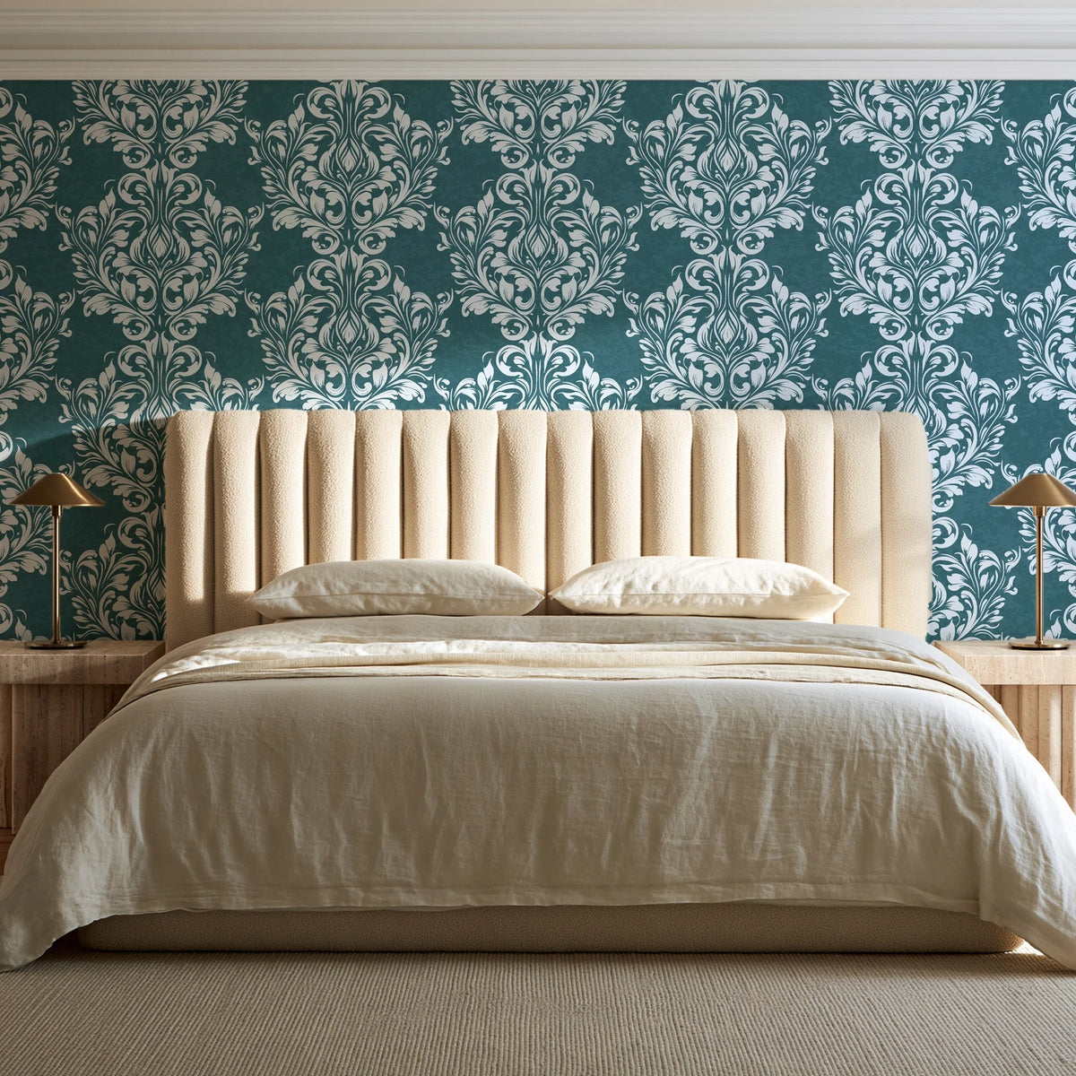 Petal Symphony Teal baroque damask wallpaper behind a channel-tufted bed in a calm primary bedroom