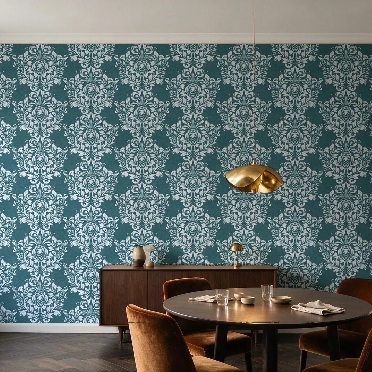 Petal Symphony Teal baroque damask wallpaper in an elegant dining room