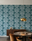 Petal Symphony Teal baroque damask wallpaper in an elegant dining room