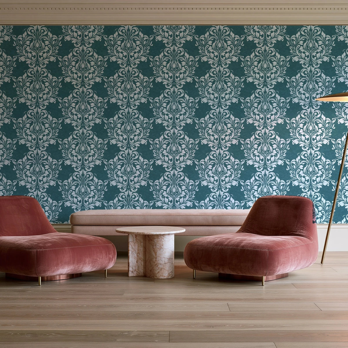 Petal Symphony Teal baroque damask wallpaper in a boutique hotel sitting area