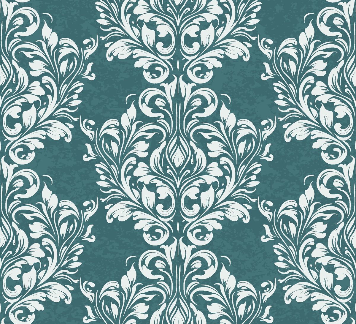 Petal Symphony Teal baroque damask wallpaper in teal and white