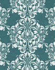 Petal Symphony Teal baroque damask wallpaper in teal and white