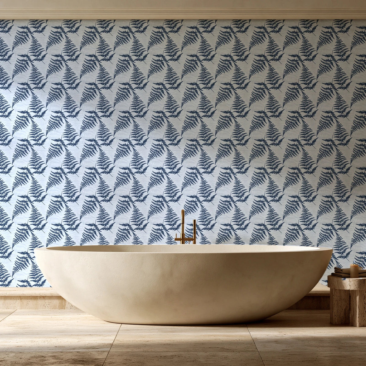 Pewter Fern Navy fern wallpaper creating ambiance in a serene spa bathroom