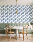 Pewter Fern Navy fern wallpaper as a feature wall in a sunlit breakfast nook