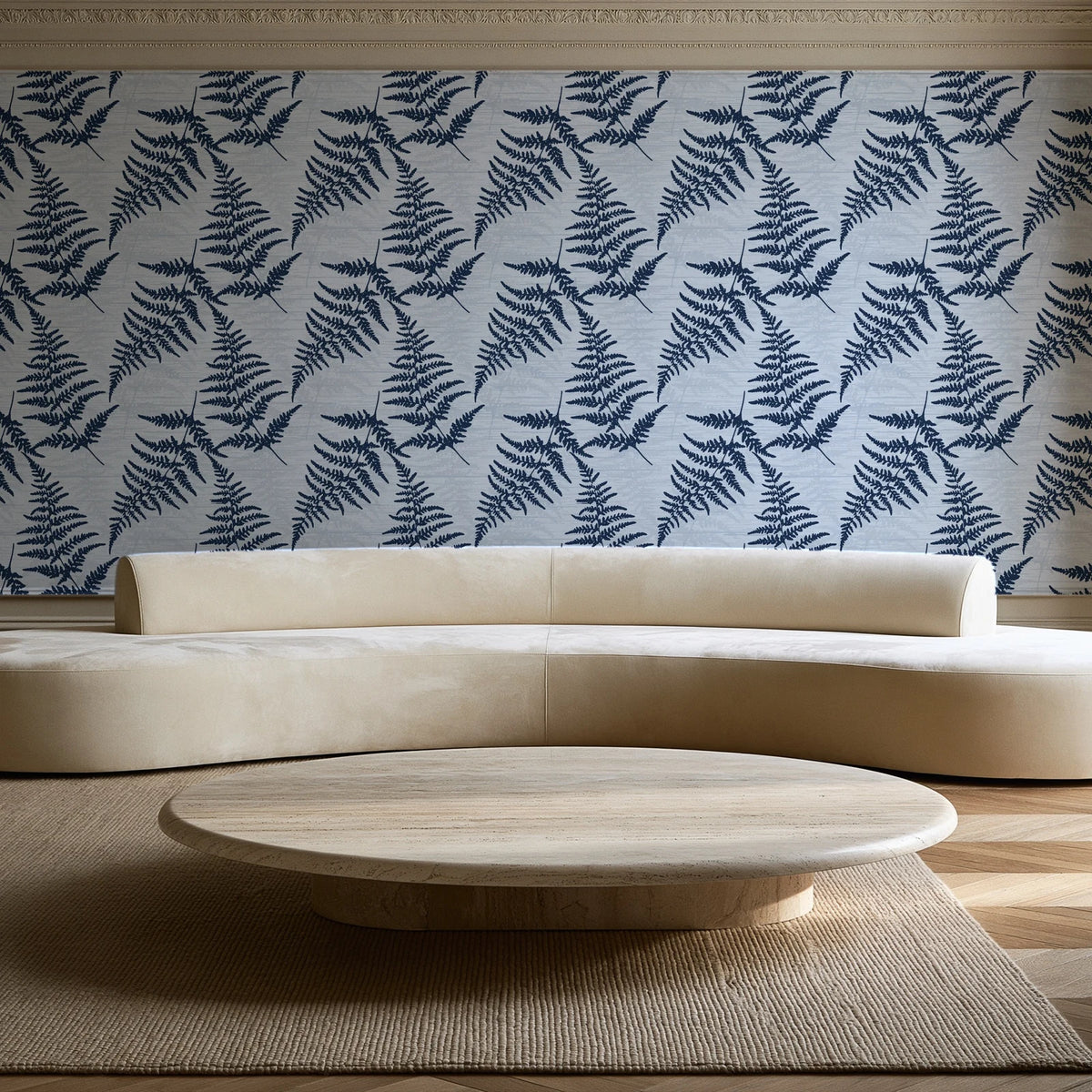 Pewter Fern Navy fern wallpaper in an elegant living room