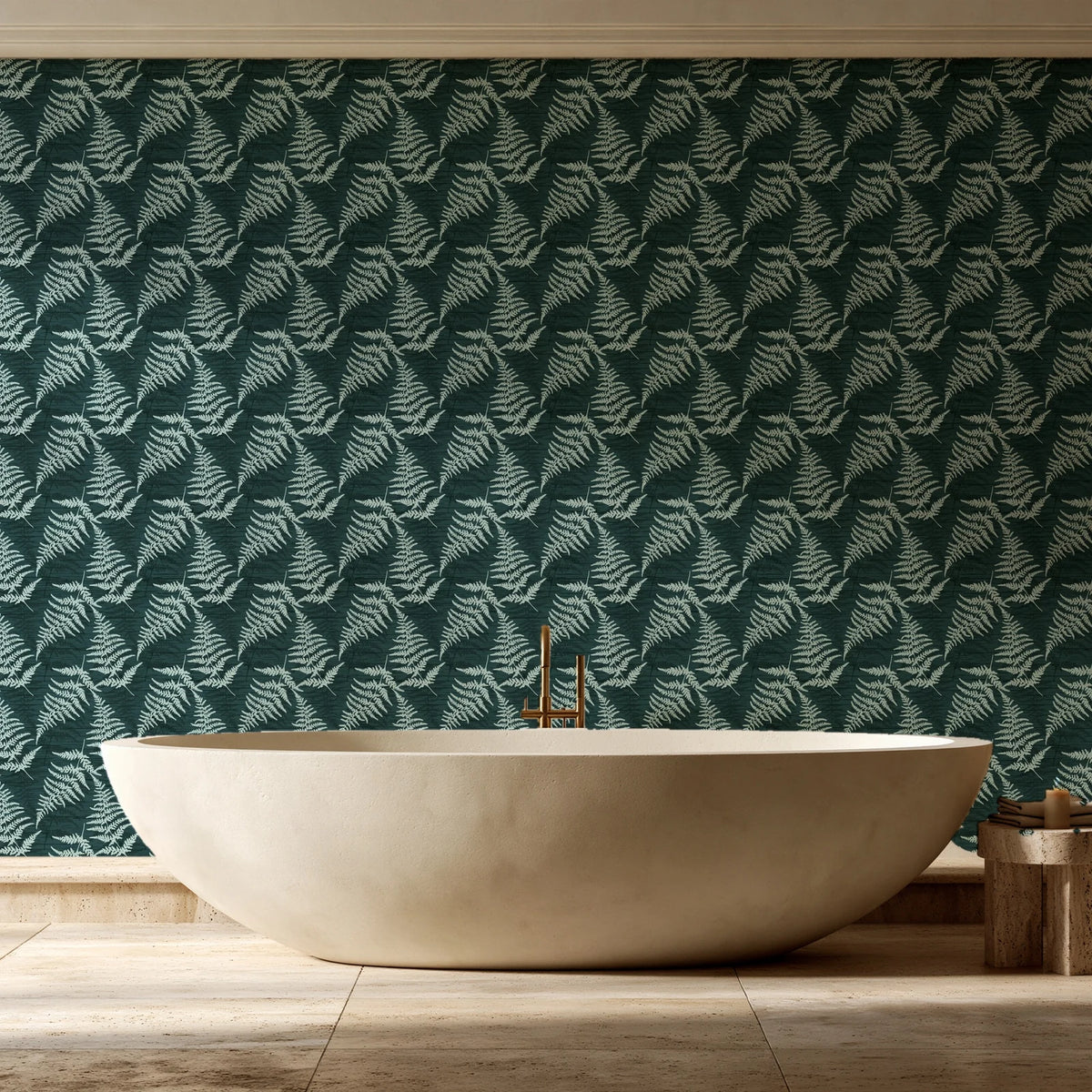 Pewter Fern Pine fern wallpaper creating ambiance in a serene spa bathroom