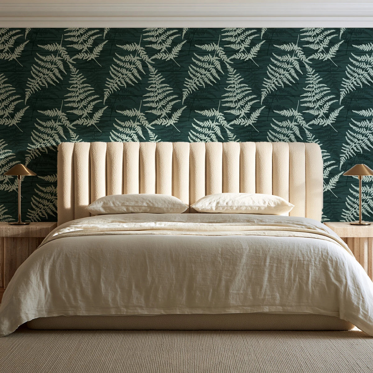 Pewter Fern Pine fern wallpaper behind a channel-tufted bed in a calm primary bedroom