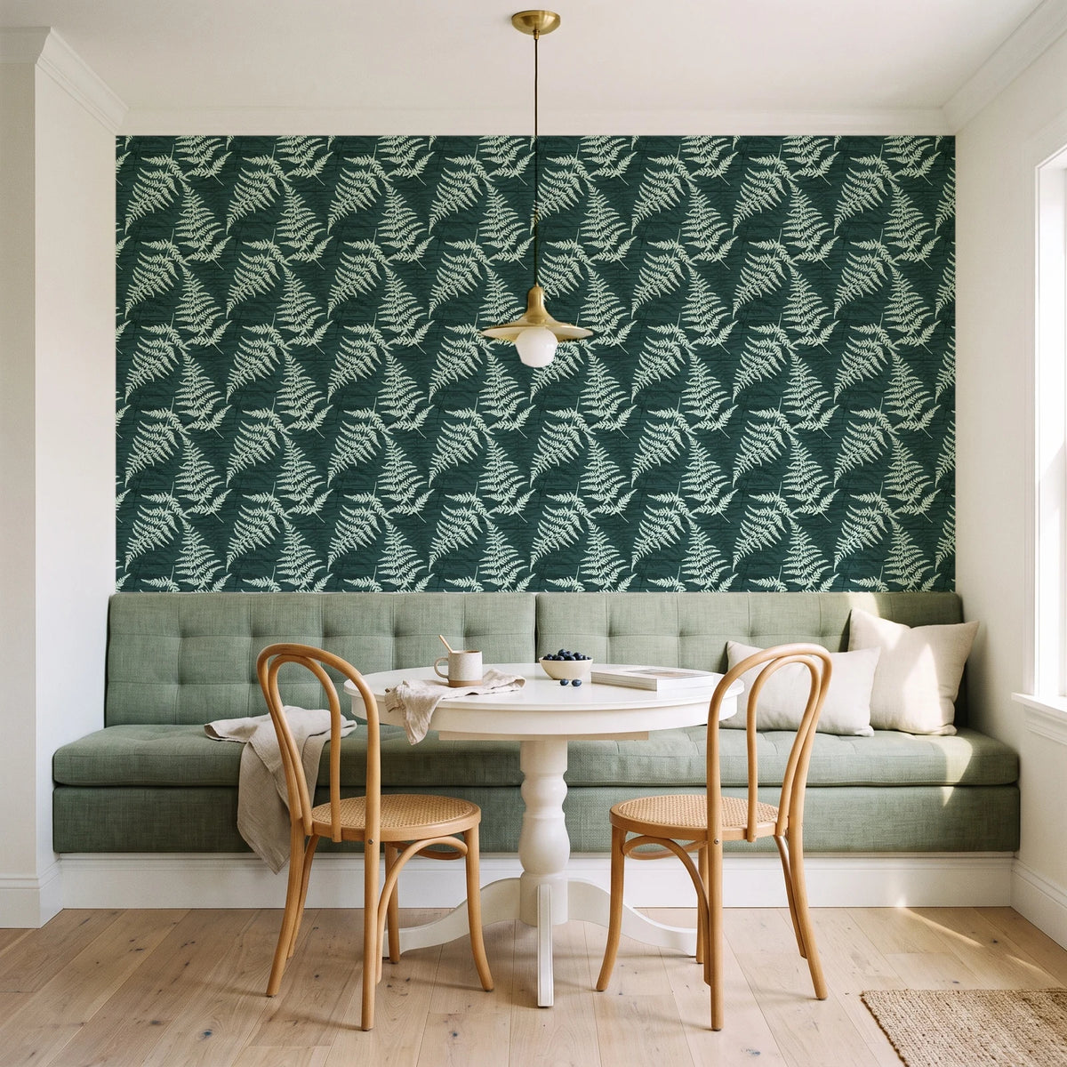 Pewter Fern Pine fern wallpaper as a feature wall in a sunlit breakfast nook