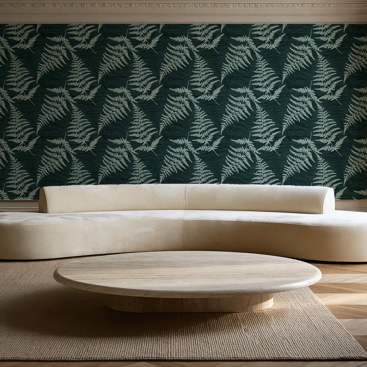 Pewter Fern Pine fern wallpaper in an elegant living room
