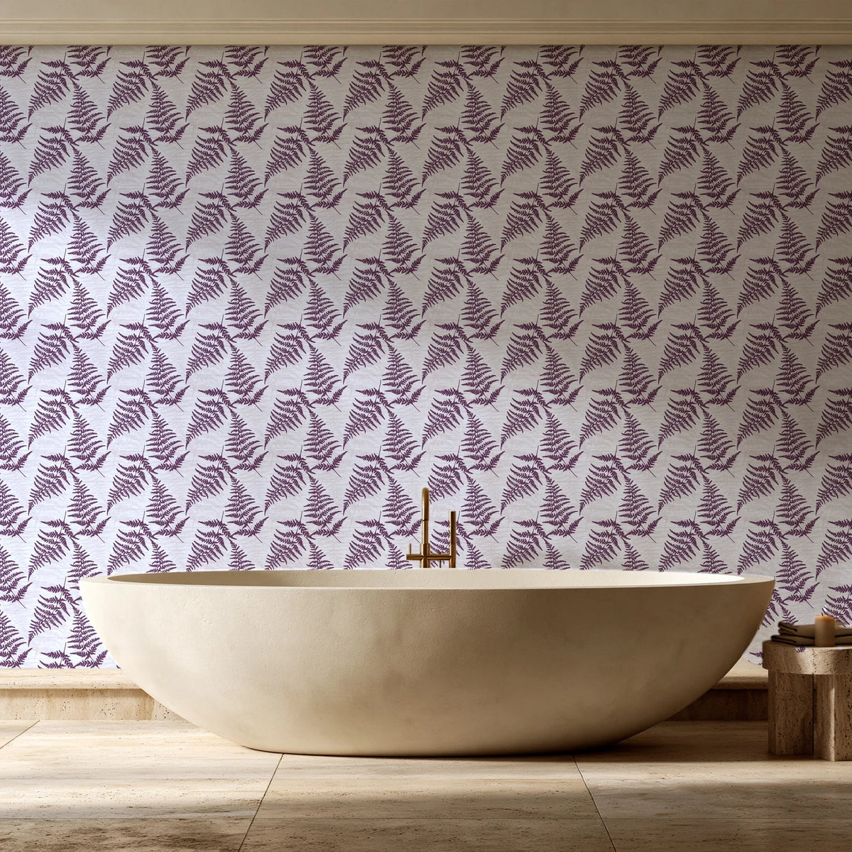 Pewter Fern Plum fern wallpaper creating ambiance in a serene spa bathroom