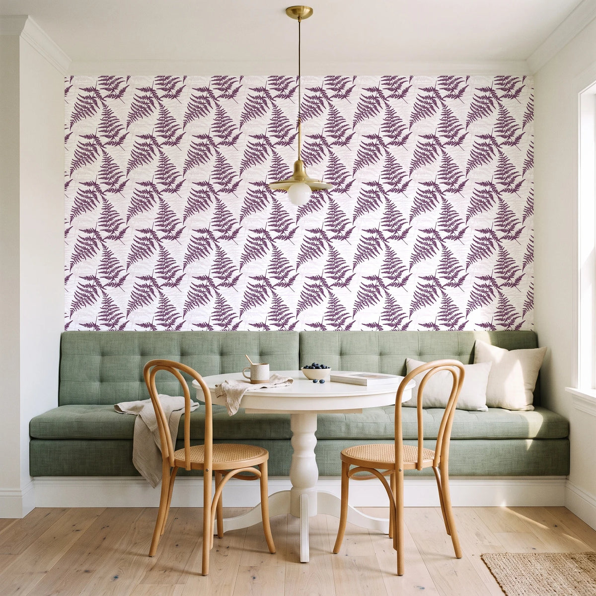 Pewter Fern Plum fern wallpaper as a feature wall in a sunlit breakfast nook