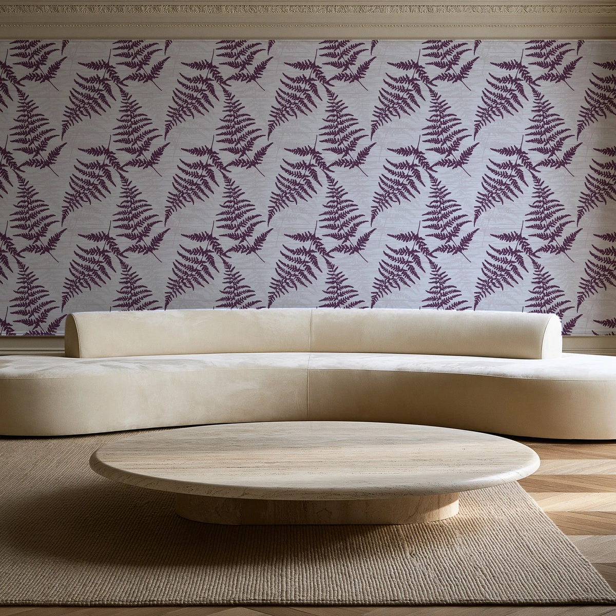 Pewter Fern Plum fern wallpaper in an elegant living room