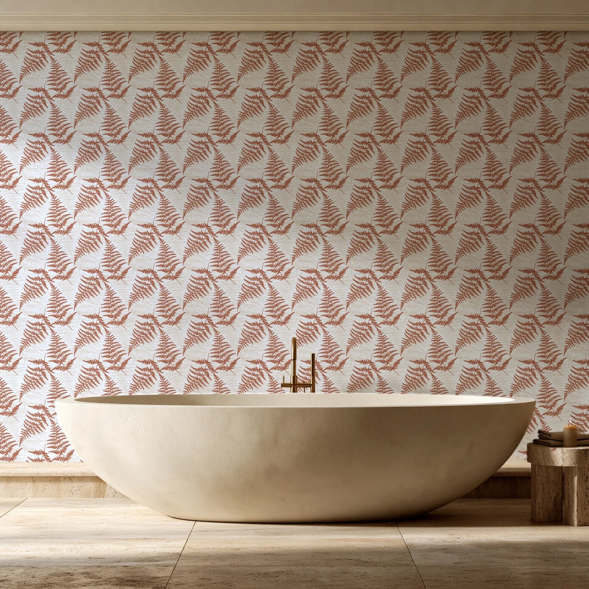 Pewter Fern Terracotta fern wallpaper creating ambiance in a serene spa bathroom