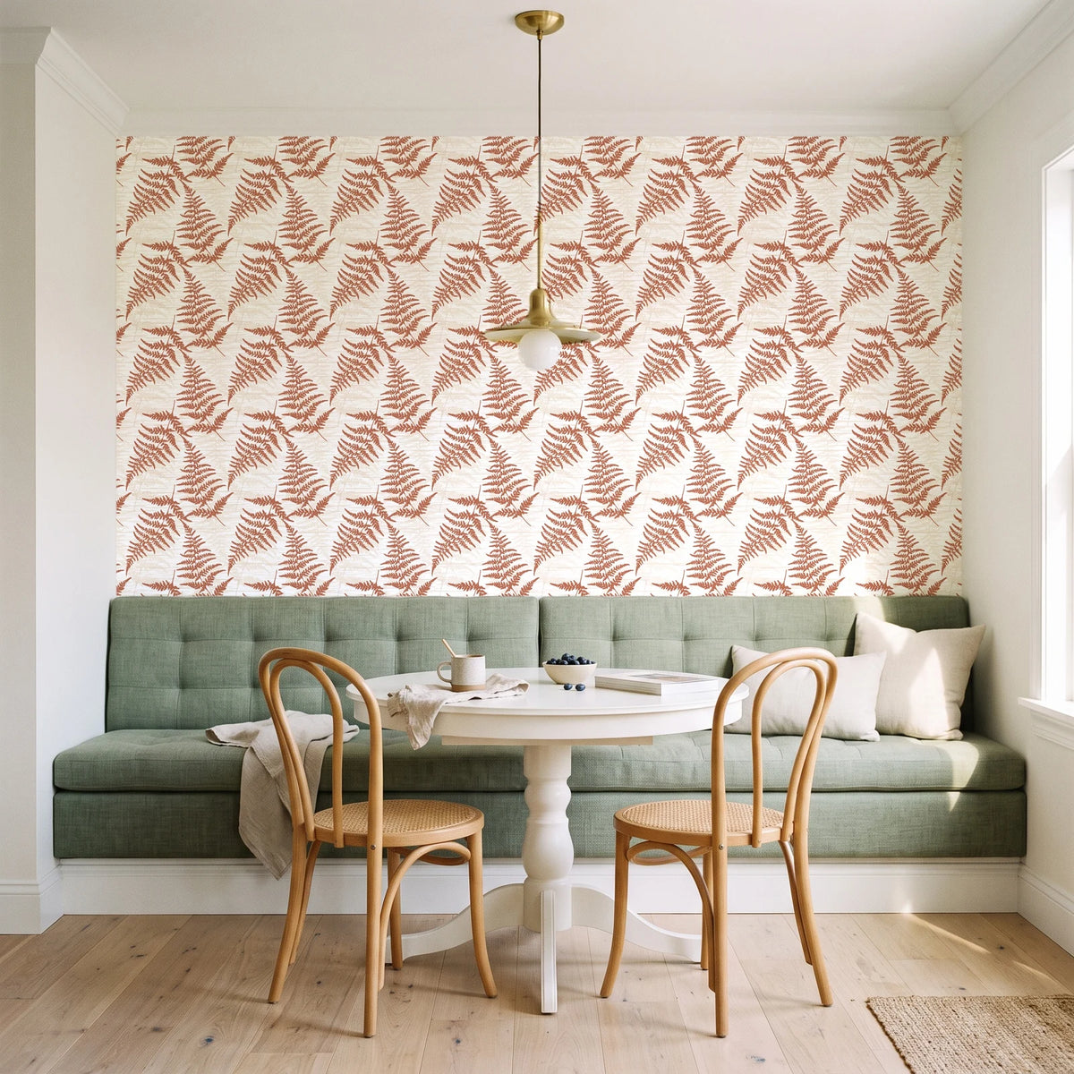 Pewter Fern Terracotta fern wallpaper as a feature wall in a sunlit breakfast nook