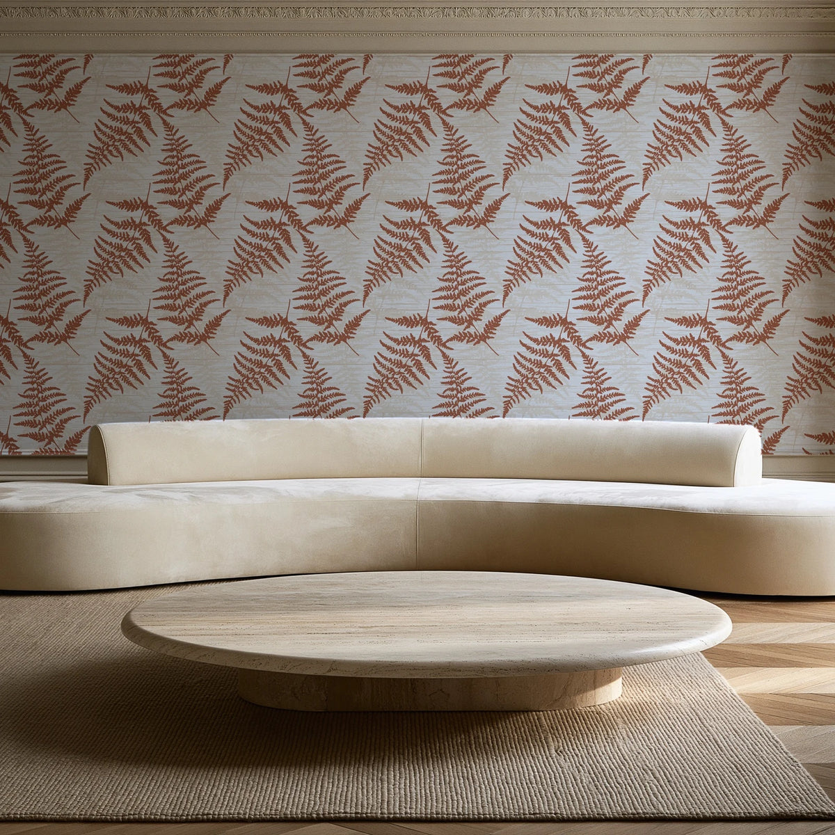 Pewter Fern Terracotta fern wallpaper in an elegant living room
