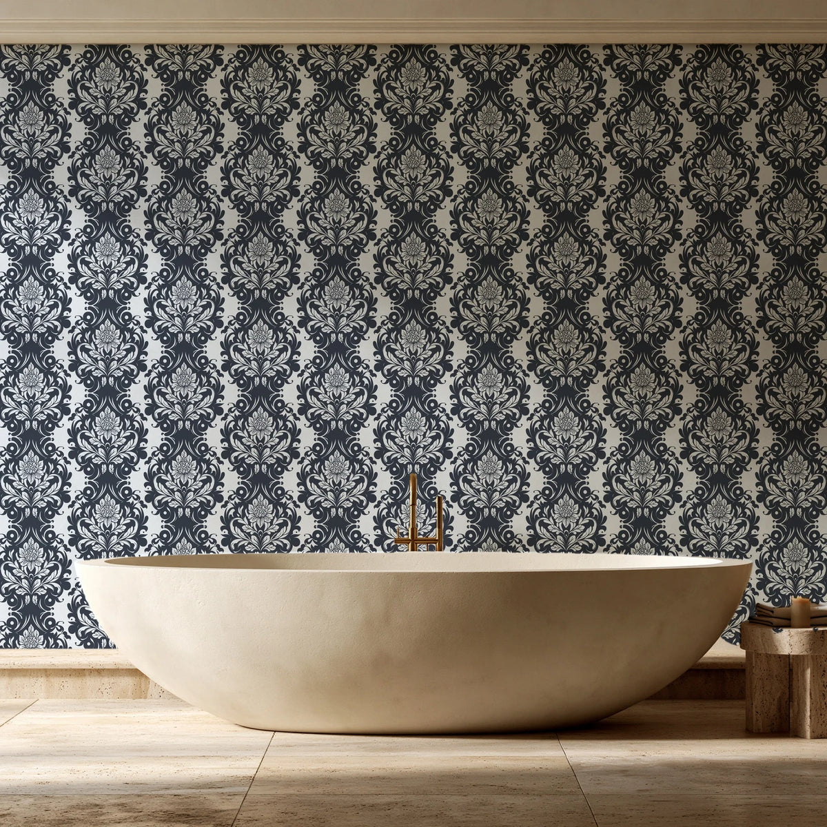 Poet's Blossom Charcoal classic damask wallpaper creating ambiance in a serene spa bathroom