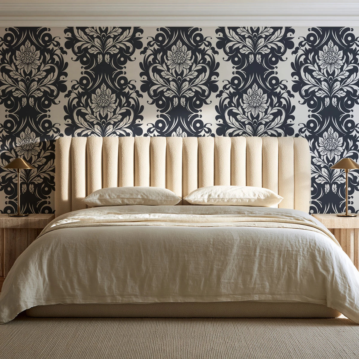Poet's Blossom Charcoal classic damask wallpaper behind a channel-tufted bed in a calm primary bedroom