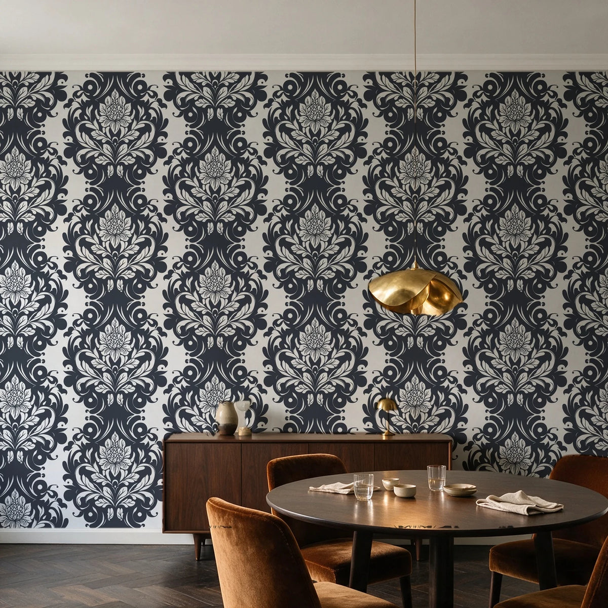 Poet's Blossom Charcoal classic damask wallpaper in an elegant dining room