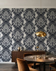 Poet's Blossom Charcoal classic damask wallpaper in an elegant dining room
