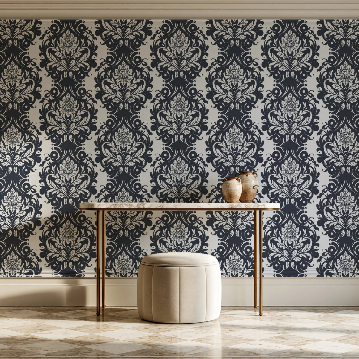 Poet's Blossom Charcoal classic damask wallpaper on the wall of a grand entry foyer