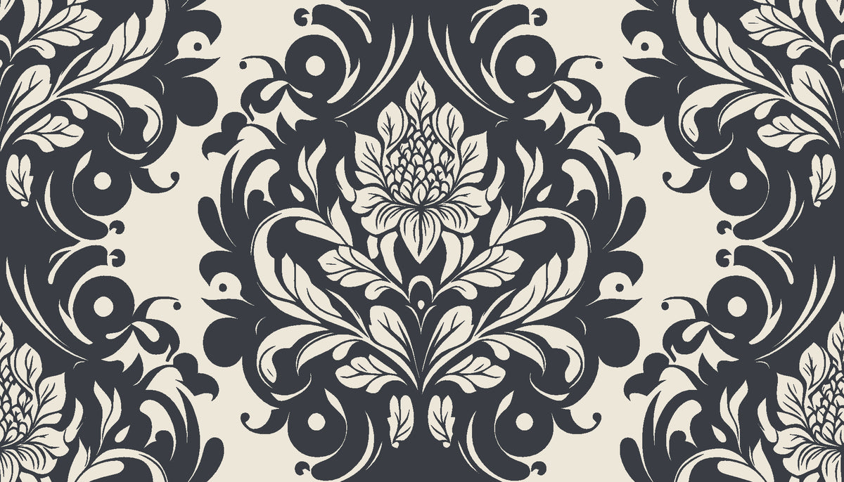 Poet's Blossom Charcoal classic damask wallpaper in charcoal and ivory