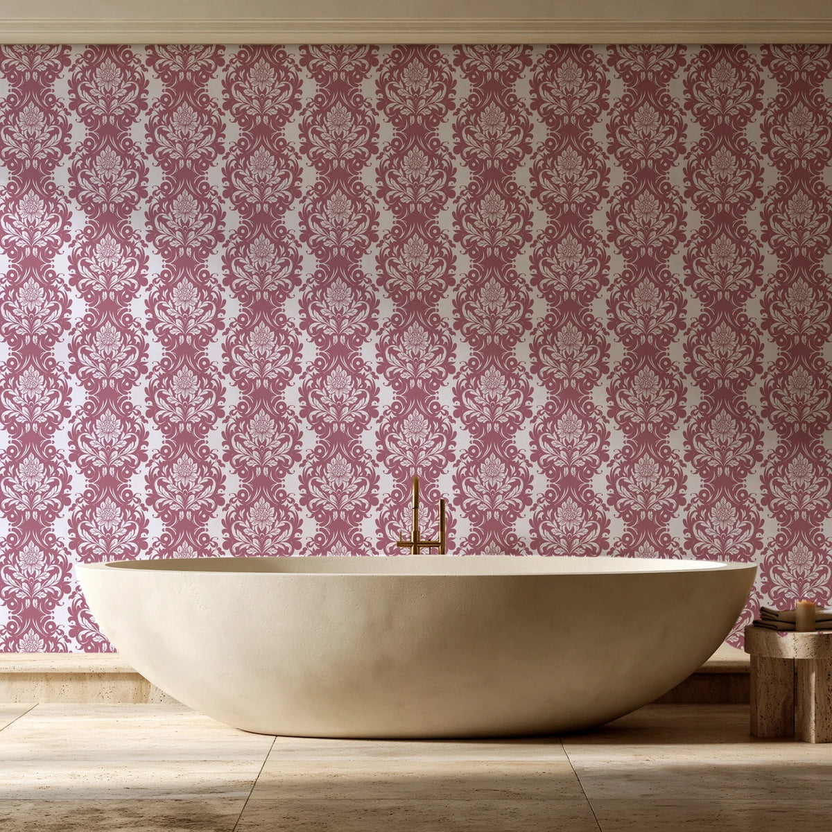 Poet's Blossom Dusty Rose classic damask wallpaper creating ambiance in a serene spa bathroom