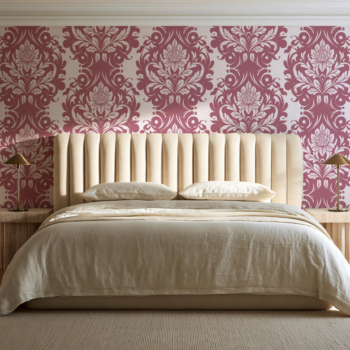 Poet's Blossom Dusty Rose classic damask wallpaper behind a channel-tufted bed in a calm primary bedroom