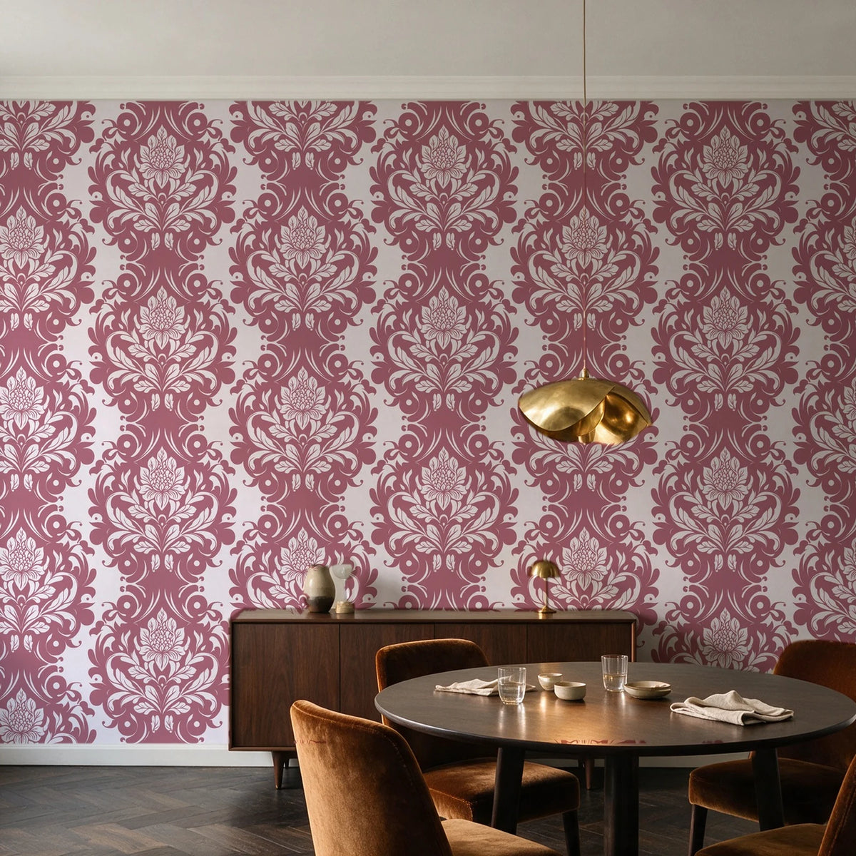 Poet's Blossom Dusty Rose classic damask wallpaper in an elegant dining room
