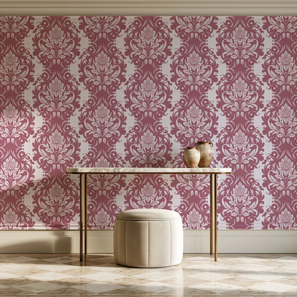 Poet's Blossom Dusty Rose classic damask wallpaper on the wall of a grand entry foyer