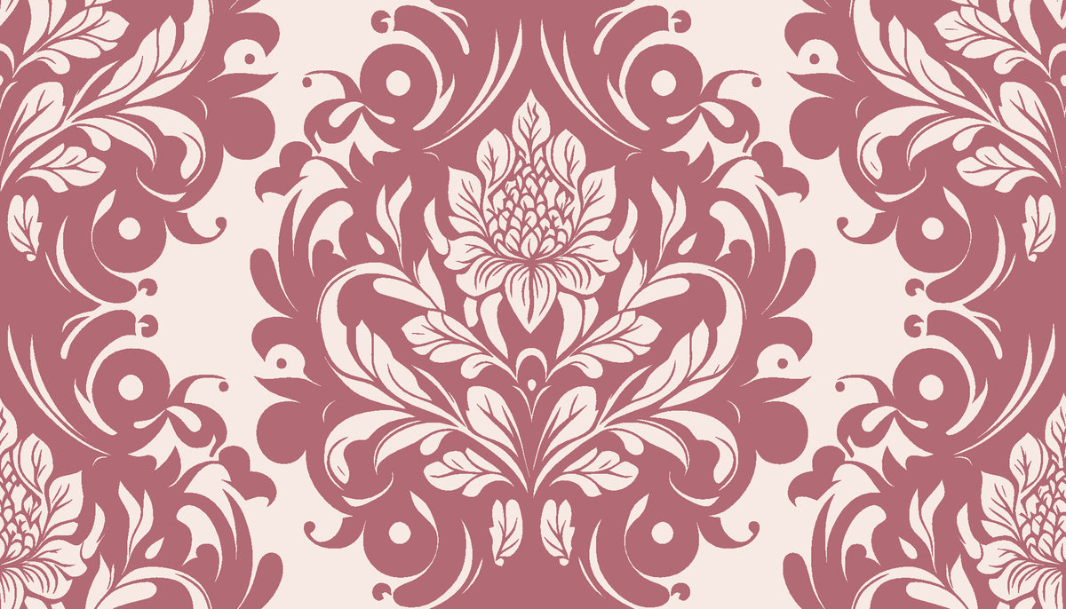 Poet's Blossom Dusty Rose classic damask wallpaper in dusty rose and blush