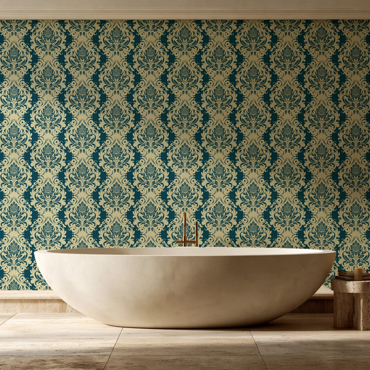 Poet's Blossom Peacock classic damask wallpaper creating ambiance in a serene spa bathroom