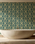 Poet's Blossom Peacock classic damask wallpaper creating ambiance in a serene spa bathroom