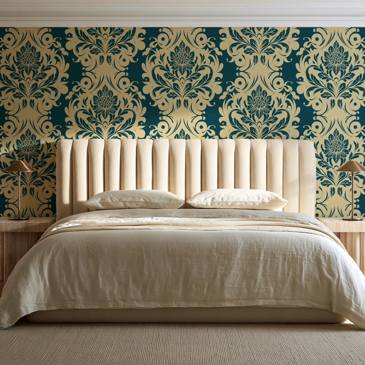Poet's Blossom Peacock classic damask wallpaper behind a channel-tufted bed in a calm primary bedroom