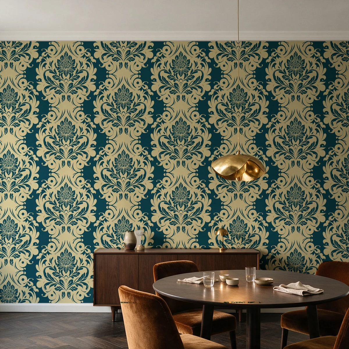 Poet's Blossom Peacock classic damask wallpaper in an elegant dining room
