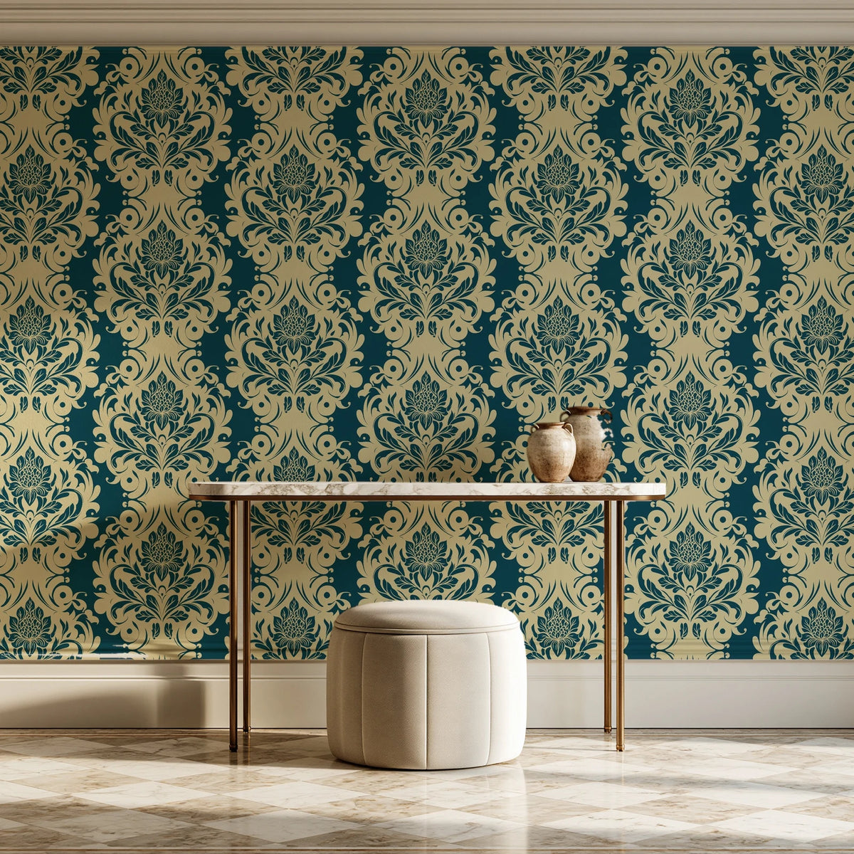 Poet's Blossom Peacock classic damask wallpaper on the wall of a grand entry foyer