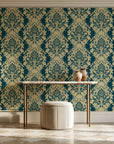Poet's Blossom Peacock classic damask wallpaper on the wall of a grand entry foyer