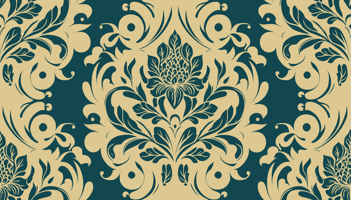 Poet's Blossom Peacock classic damask wallpaper in peacock and champagne