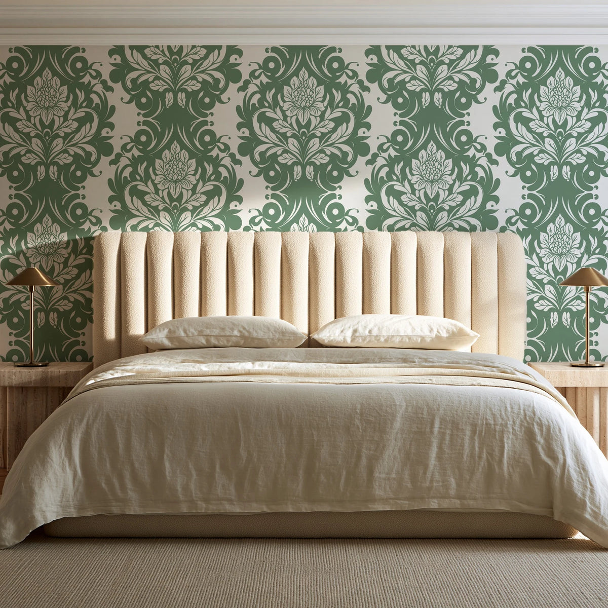 Poet's Blossom Sage classic damask wallpaper behind a channel-tufted bed in a calm primary bedroom