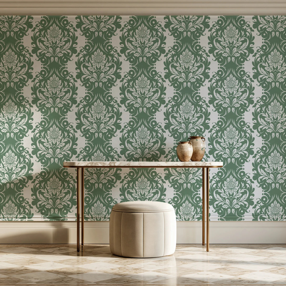 Poet's Blossom Sage classic damask wallpaper on the wall of a grand entry foyer