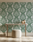 Poet's Blossom Sage classic damask wallpaper on the wall of a grand entry foyer