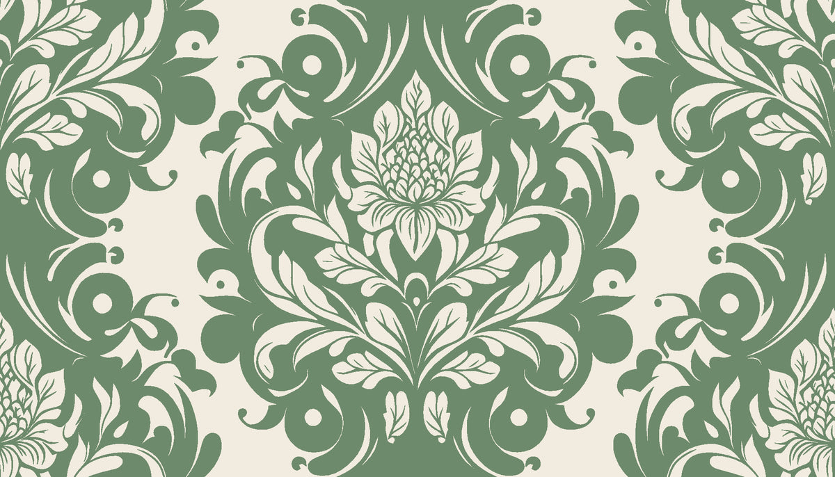 Poet's Blossom Sage classic damask wallpaper in sage and cream
