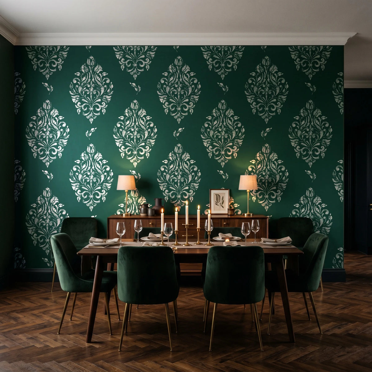 Porcelain Bouquet Emerald damask wallpaper in a dark moody dining room with a candlelit table