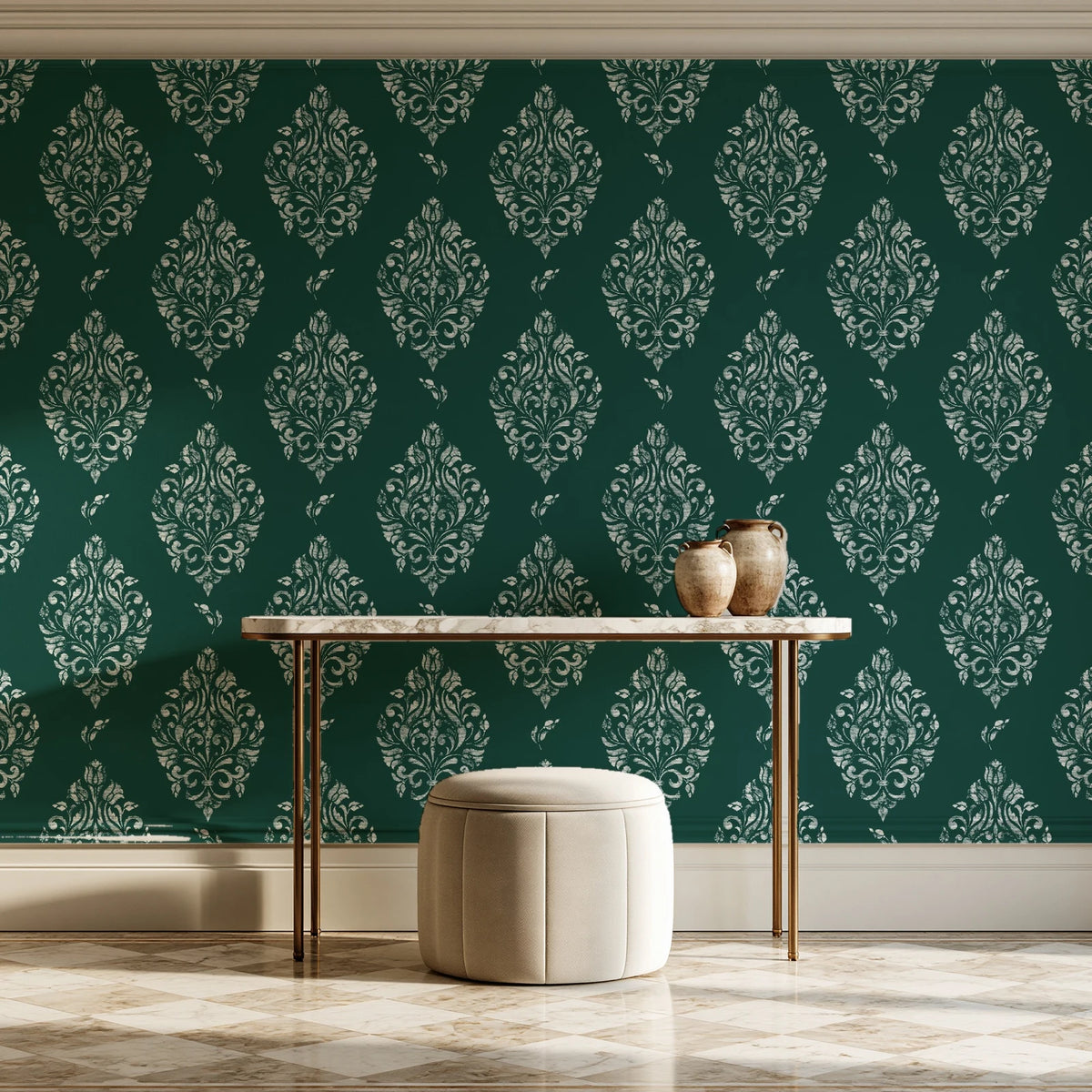Porcelain Bouquet Emerald damask wallpaper on the wall of a grand entry foyer