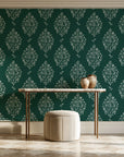 Porcelain Bouquet Emerald damask wallpaper on the wall of a grand entry foyer