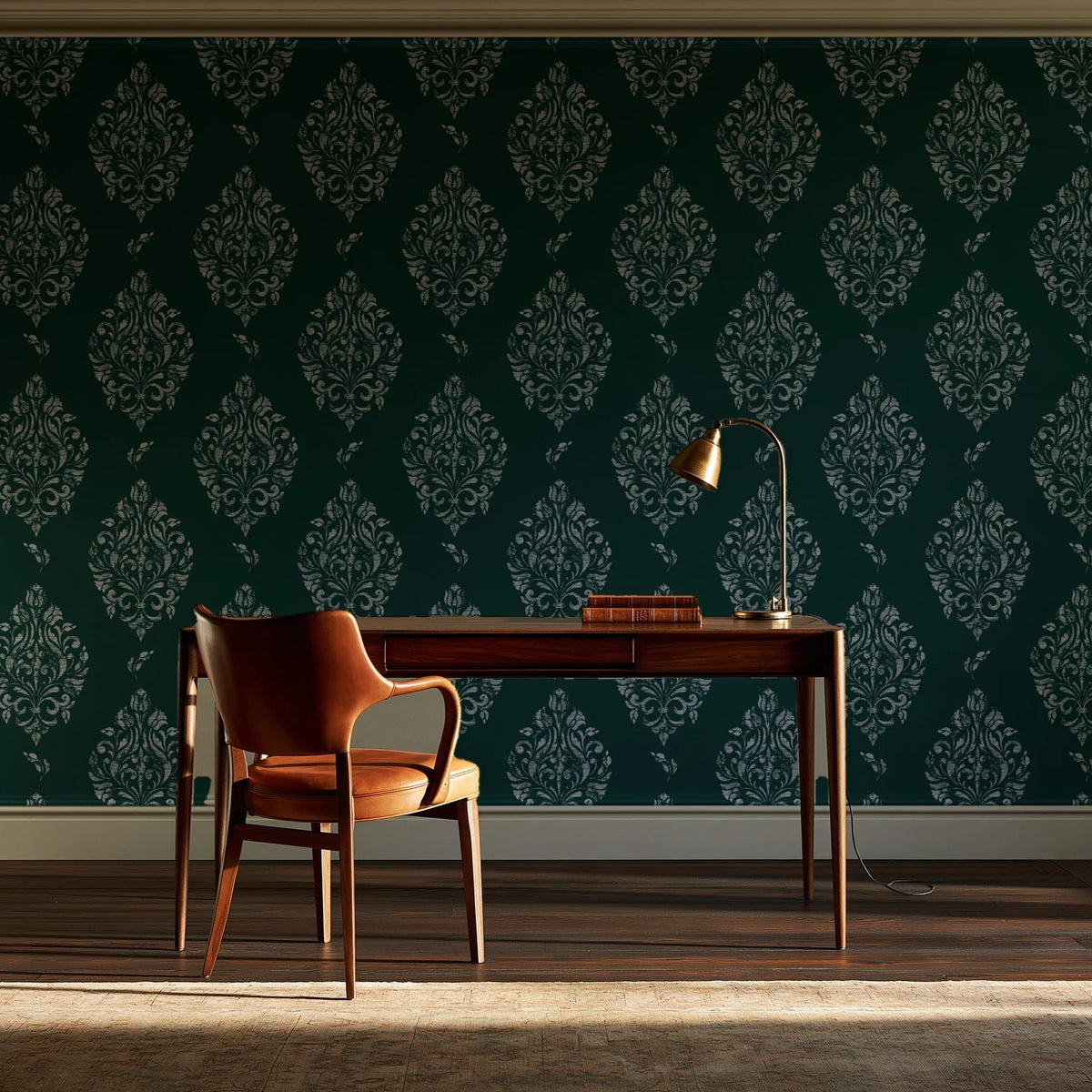 Porcelain Bouquet Emerald damask wallpaper as a feature wall in a home study