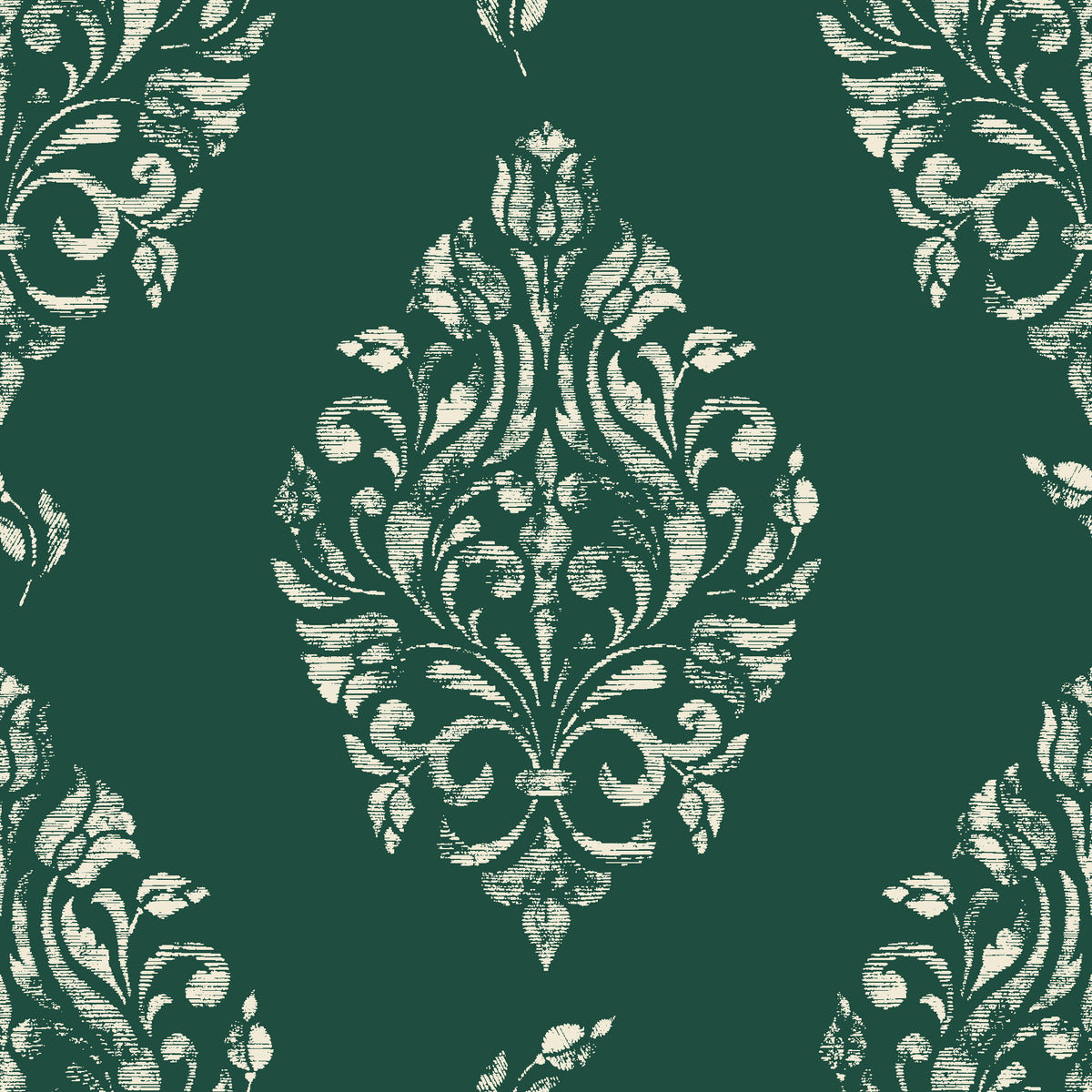 Porcelain Bouquet Emerald damask wallpaper in emerald and ivory