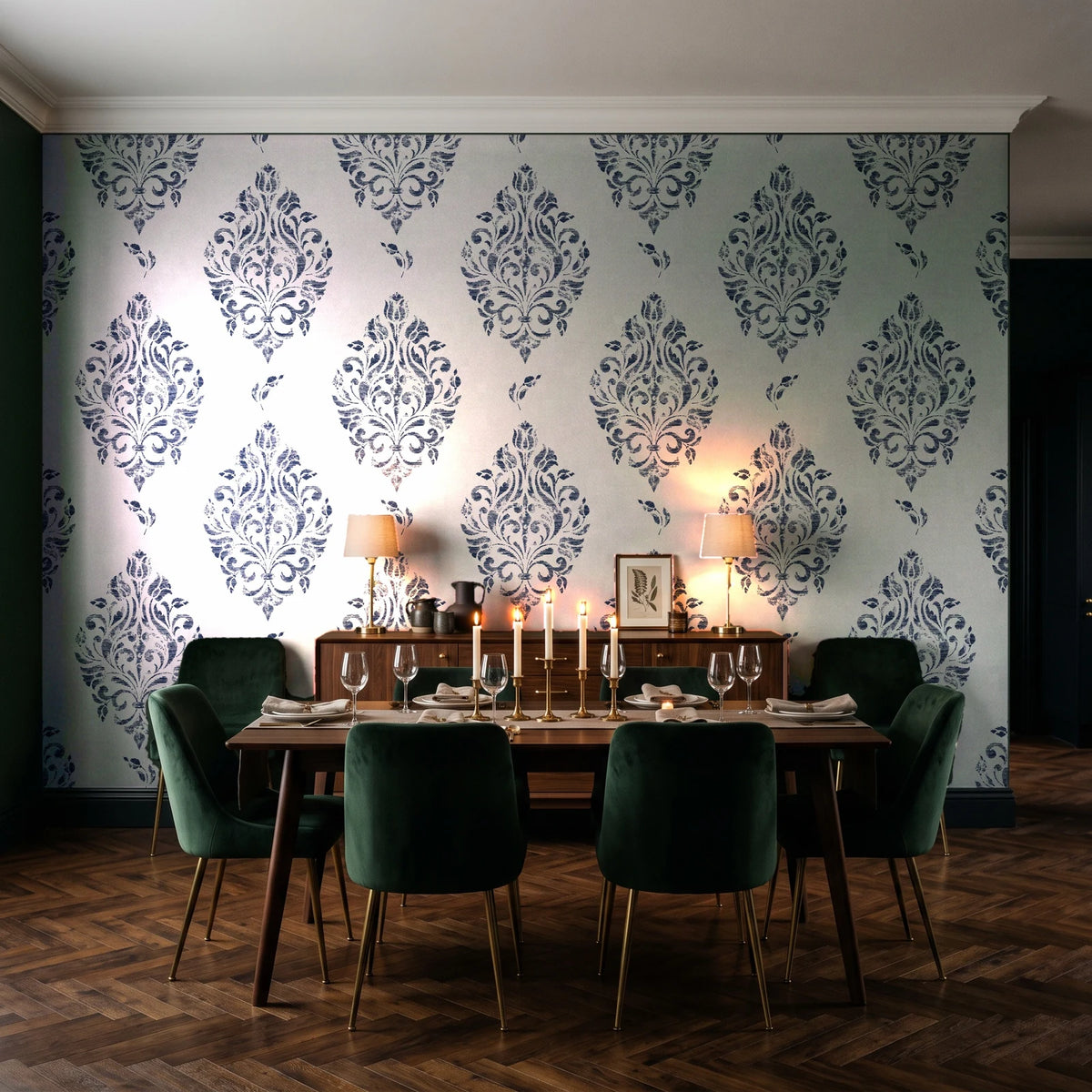 Porcelain Bouquet Inkwell damask wallpaper in a dark moody dining room with a candlelit table