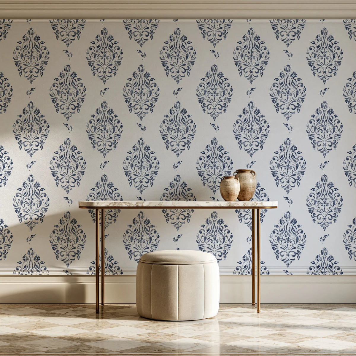 Porcelain Bouquet Inkwell damask wallpaper on the wall of a grand entry foyer